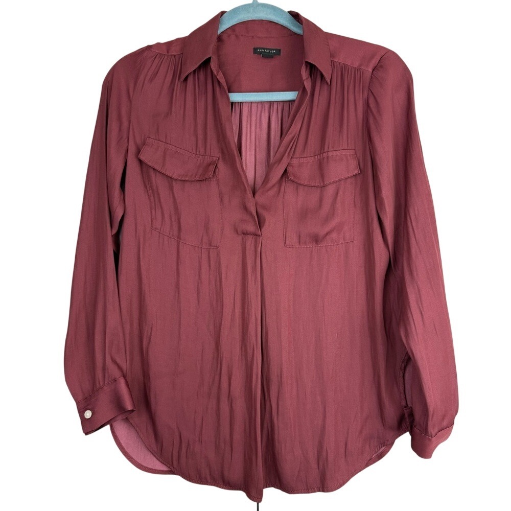 Ann Taylor XSP Petite Burgundy Wine V Neck Collared Blouse Shirt Work Office